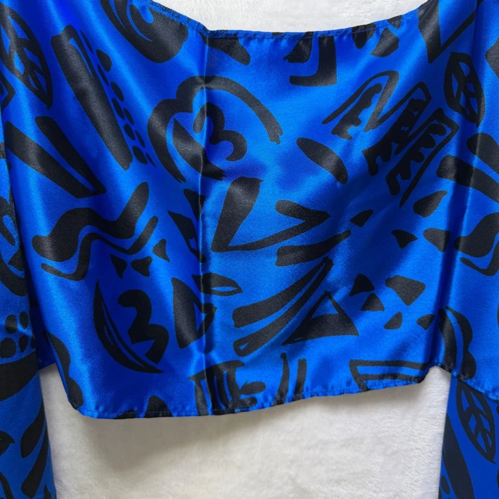 VTG 1987 Bloom LA Fabrics Royal Blue Black Abstract Geometric Satin Scarf 54x10.